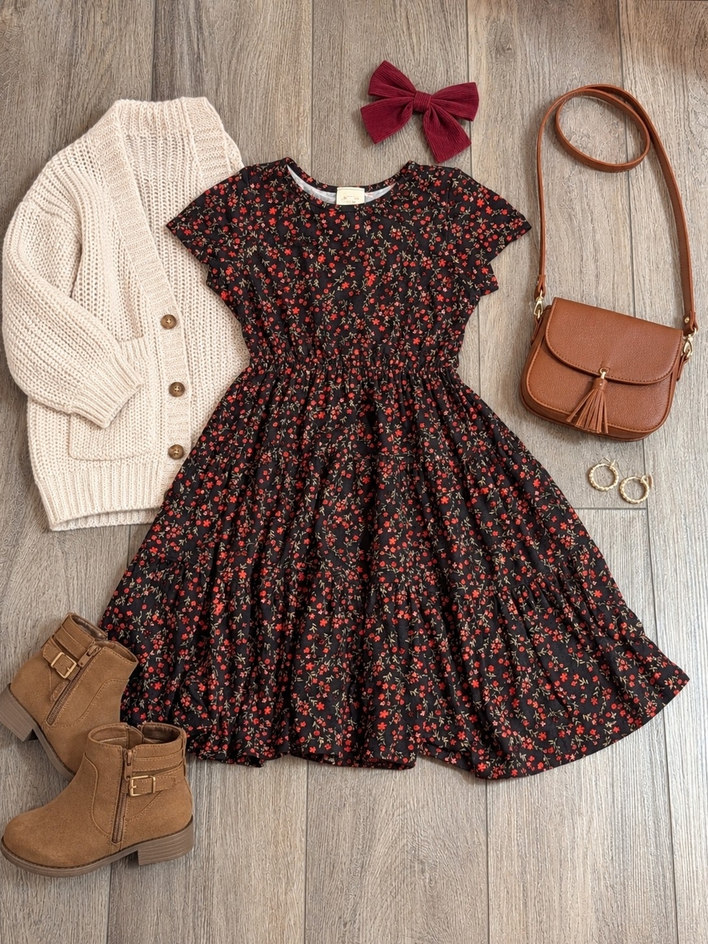 Girls' Black Floral Short-Sleeve Dress with Red Bouquet Print